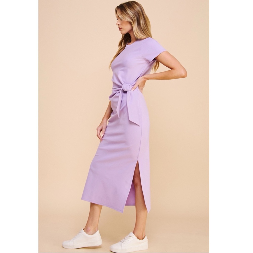 197 • Lavender Rayon Blend Stretch Tie Waist Side Split Midi Dress